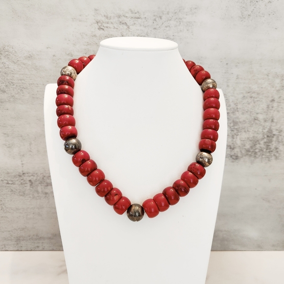 Vintage Red Coral Large Chunky Sterling Silver Drum Bead...